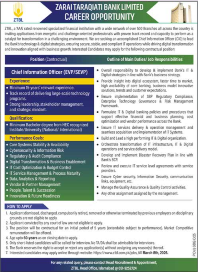 Zarai Taraqiati Bank Limited ZTBL Apply Jobs 2026