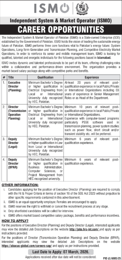 Independent System And Market Operator Of Pakistan ISMO Jobs 2026